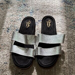 Clarks women’s Metallic Silver Slide Sandals
